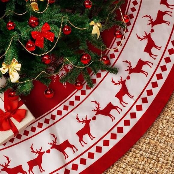 48-inch Christmas Tree Skirt - Snowflake & Reindeer Design, Rustic Red - Picture 7 of 7